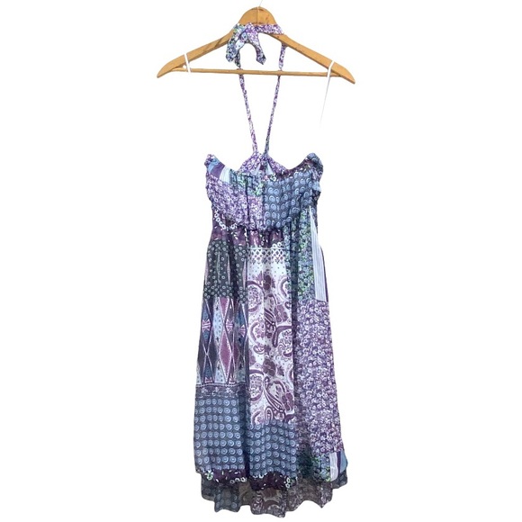 Trés Chic Bohemian Multi-Pattern Halter Midi Dress Patchwork Flounce Sundress S - Picture 8 of 16